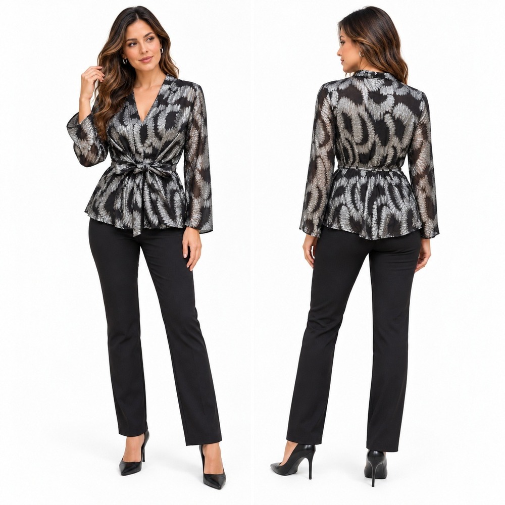 Kaktus NWT Womens Black Silver Metallic Tie Front Wrap Peplum Blouse Top Medium